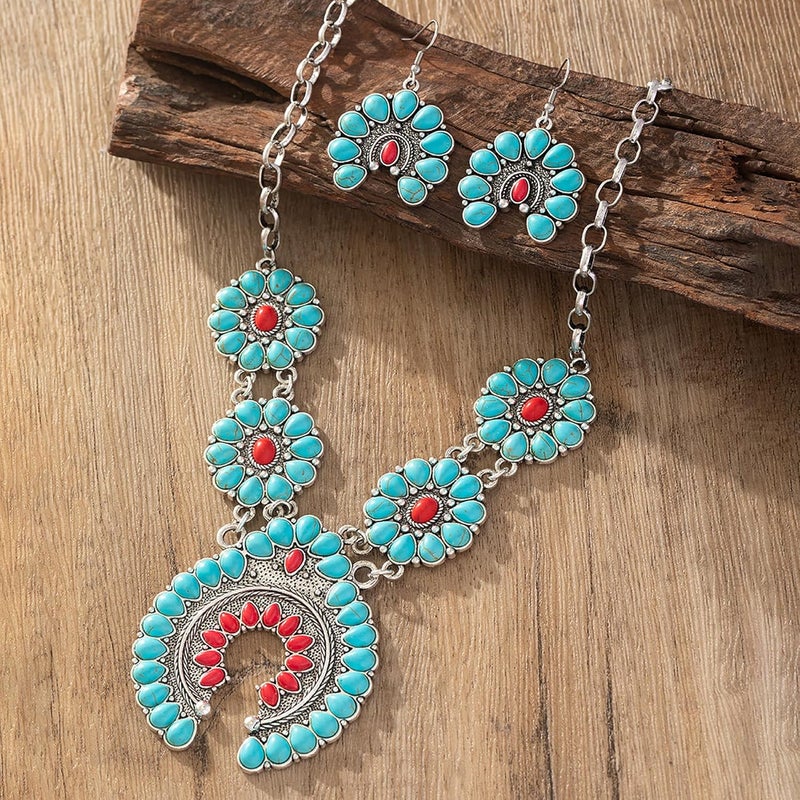 JMScape 4 PCS Western Turquoise Jewelry for Women Boho Vintage Navajo Pearl Necklace Earring Bracelet Ring Set Country Cowgirl Accessories for Gift - Image 5